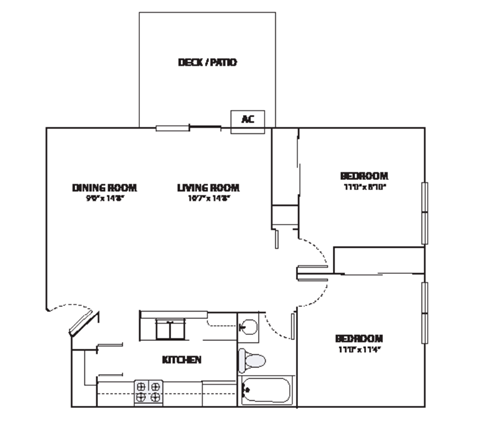 A floor plan of a house with a deck, dining room, living room, kitchen, and two bedrooms.